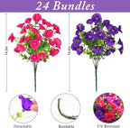 Waipfaru Artificial Flowers for Outdoors, 24 Bundles Faux Plants Outdoor, UV Resistant Artificial Plants Outdoor, Silk Petunias Fake Flowers for Outside Home Decor Planter Porch Decoration, Mix Color