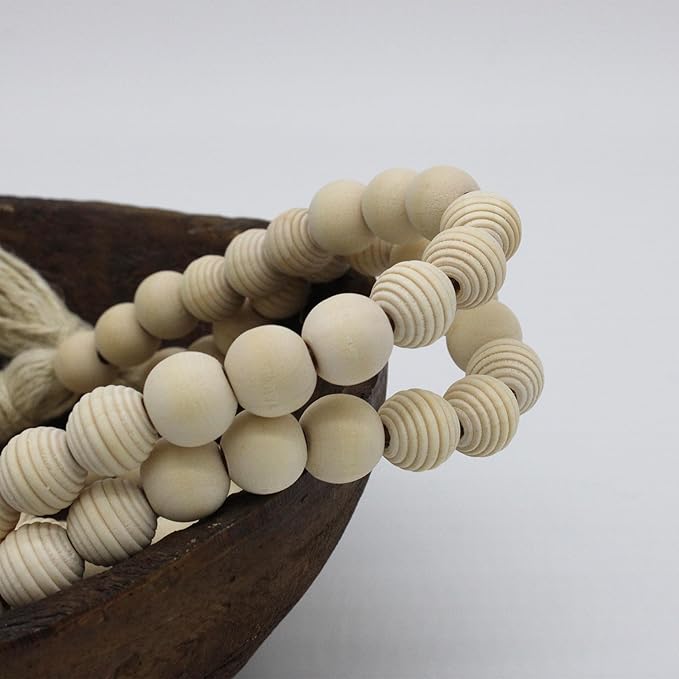 Farmhouse Decor Beads 60in Wooden Bead Garland with Tassels Rustic Minimalist Home Accent Prayer Country Boho Decoration for Wall Hanging Living Room Table Mantle Shelf Decor (Natural-style2)