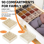Criusia 6 Pcs Drawer Organizer Clothes - 90 Cells Closet Organizers and Storage for Baby Nursery - Washable Fabric Dresser Organizer Dividers for Sock Underwear Bra Dorm Room Essentials (Beige)