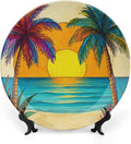 Coconut Trees Theme Decorative Ceramic Plate Round Porcelain Plate,10 inch,Beach Pattern,for Decorative Ornaments Giving Plates,1 Plate with 1 Display Stand,Orange Blue