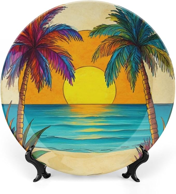 Coconut Trees Theme Decorative Ceramic Plate Round Porcelain Plate,8 inch,Beach Pattern,for Decorative Ornaments Giving Plates,1 Plate with 1 Display Stand,Orange Blue