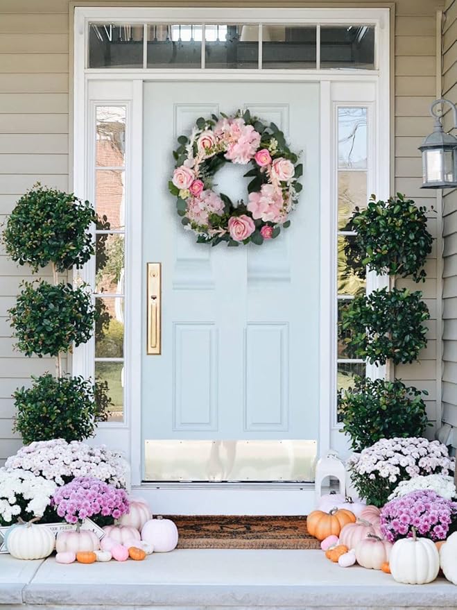 Artificial Pink Rose Wreath - 20 Inch Front Door Wreath with Hydrangea Leaves for Spring, Valentine's, Mother's Day, Wedding & Home Decor