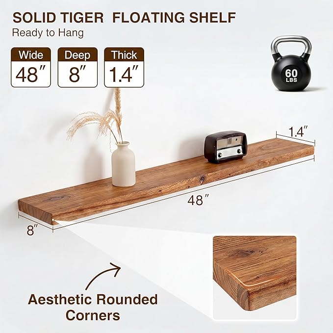 48 Inch Floating Shelves, Solid Wood Wall Shelves, 8 Inch Deep Floating Shelf – for Bathroom, Bedroom, Living Room, Kitchen, Home Decor & Storage, Heavy-Duty Wooden Shelf Wall-Mounted, Set of 1