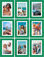 Vittanly 5x7 Picture Frames Set of 9, Shatter Resistant Plexiglass, Display 4x6 Pictures with Mat or 5x7 without Mat, Photo Frames for Wall or Tabletop, Engineered Wood, Green
