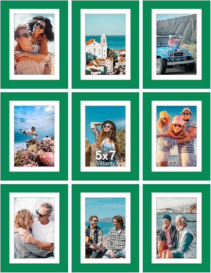 Vittanly 5x7 Picture Frames Set of 9, Shatter Resistant Plexiglass, Display 4x6 Pictures with Mat or 5x7 without Mat, Photo Frames for Wall or Tabletop, Engineered Wood, Green