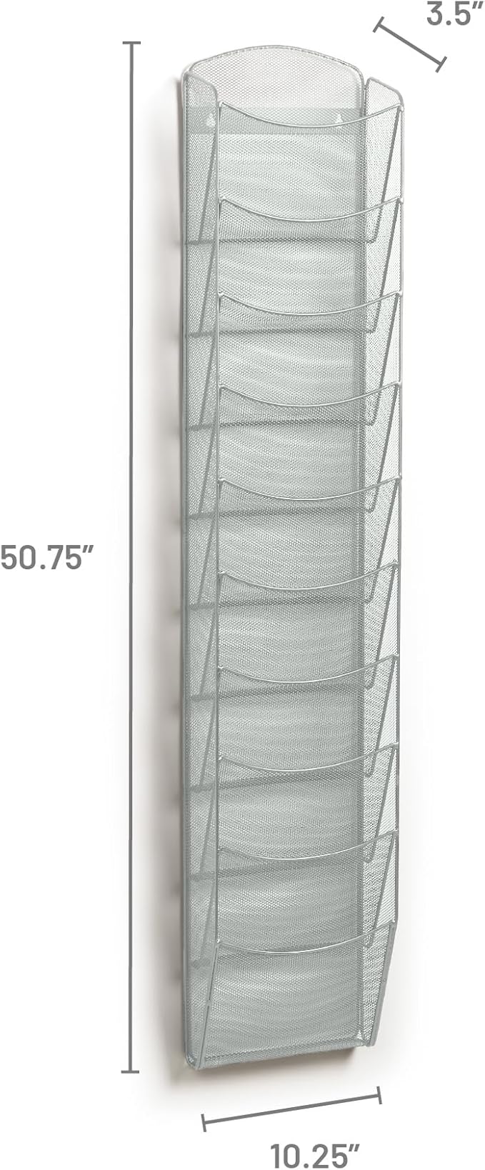 Safco Products Onyx Commercial 10 Pocket Magazine Rack 5579SL-Silver-Stainless Steel- Wall Mounted-5 lbs Capacity-Organize Magazines or Journal