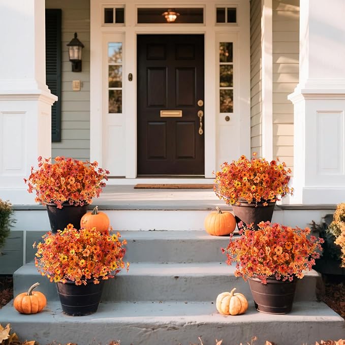 Artificial Fall Flowers for Outdoor, 12 Bundles 4 Colors Faux Mums Fake Fall Plants for Decoration, UV Resistant No Fade Silk Plastic Flower for Autumn Porch Patio Planters Windowbox Yard Garden