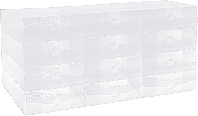 Shihanee 12 Pcs Boot Box Clear Plastic Stackable Shoe Storage Organizer Foldable Heavy Duty Shoe Containers for Closet Small Spaces Dorm Bedroom Apartments (13.4 x 8.3 x 5.1 Inches)