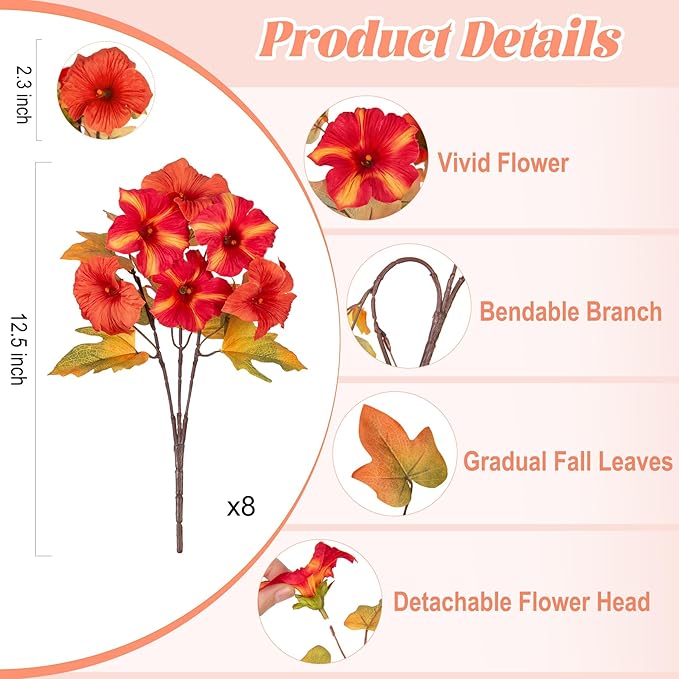 8 Bundles Fake Fall Flowers Artificial Plants for Outdoor Decorations, Faux Fall Petunias Flowers for Outside UV Resistant Realistic Planters for Garden Porch Patio Indoor Autumn Decor(Orange Red)