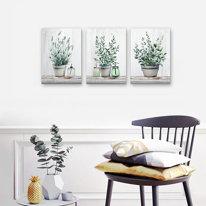 MHARTK66 Canvas Wall Art For Bedroom Living Room Canvas Prints Artwork Bathroom Wall Decor Green Plants Painting 16" X 24" 3 Pieces Modern Framed Ready To Hang Office Home Decorations