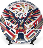 250th Anniversary Decorative Plates 8 Inch Eagle Liberty Bell Patriotic Decorations Commemorative Plates with Stand Independence Day 4th of July Semiquincentennial Decor