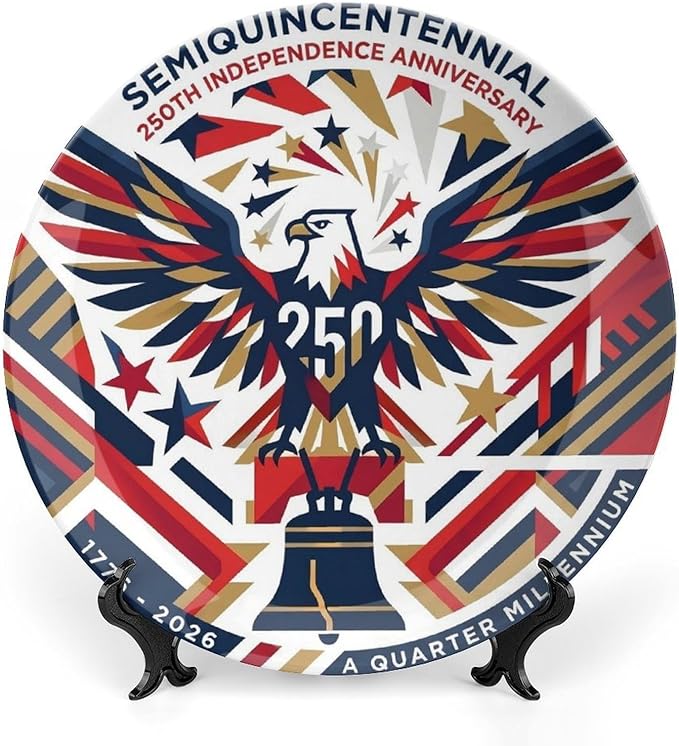 250th Anniversary Decorative Plates 8 Inch Eagle Liberty Bell Patriotic Decorations Commemorative Plates with Stand Independence Day 4th of July Semiquincentennial Decor