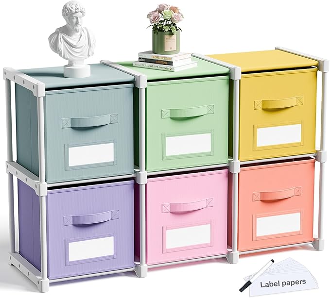 Geelin 6 Cube Toy Storage Organizer with Fabric Bins and Labels, 11 Inch Collapsible Colorful Cubby Storage Drawers Pastel Dresser with Shelf for Playroom Nursery Closet Bedroom Dorm