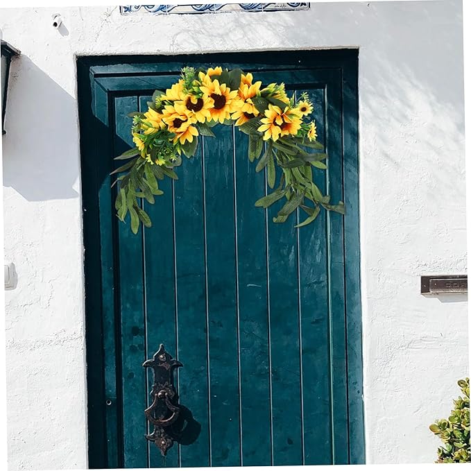 Artificial Sunflower Wreath Swag Decorative Fake Flower Garland for Front Door Wall Hanging Floral Decor for Home Wedding and Special Occasions