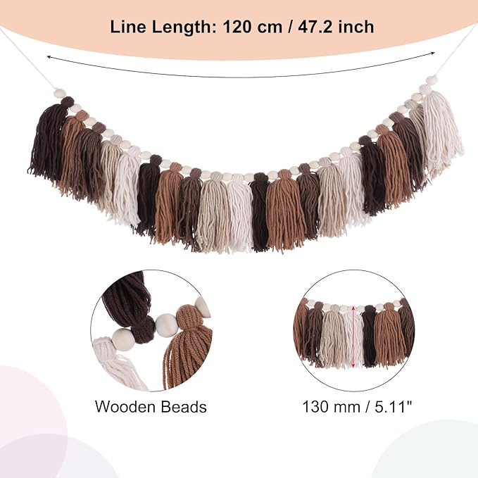 MECCANIXITY Bohemian Yarn Tassel Garland with Wood Beads,3.9Ft Brown Terracotta Fall Wall Hanging Tassels Banner Western Room Decor for Bedroom Office Nursery Classroom Party Decorations