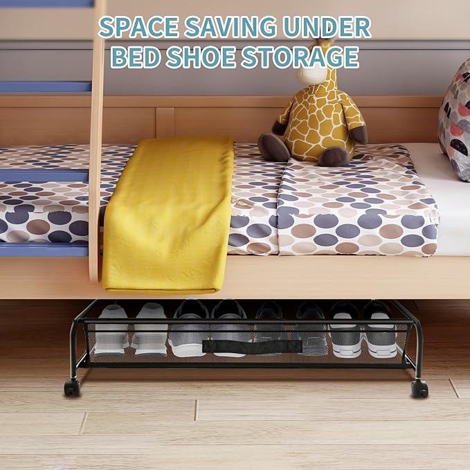 Under Bed Shoe Storage with Wheels, Space Saving Shoe Organizer with Sturdy Metal Frame & Breathable Mesh, Suitable Under the Bed, Sofa and Desk, 2 Packs