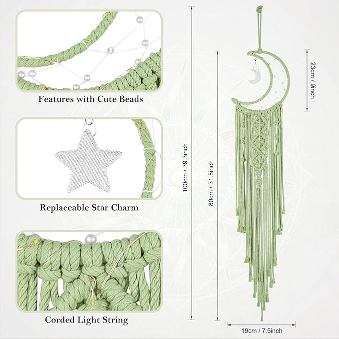 Macrame Moon Dream Catcher for Girl, Green Boho Crescent Dreamcatcher for Bedroom Adult, Handmade Nursery Room Wall Hanging with Star Pendant for Teen, Bohemian Home Decoration Idea