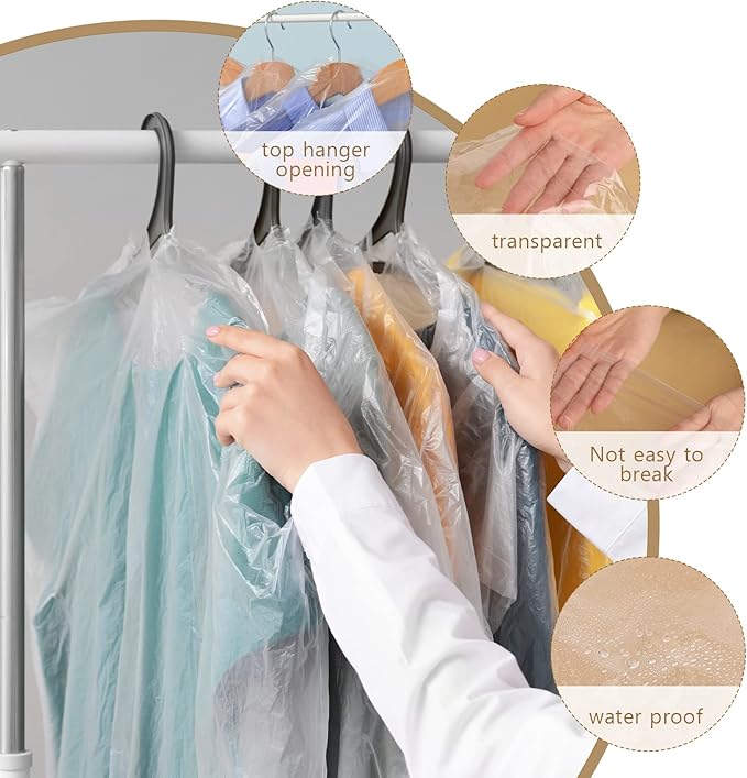 20 Pack Garment Bags for Hanging Clothes Plastic Garment Bags Clear Clothes Covers Dry Cleaner Bags Hanging Dust-proof Garment Bags for Dry Cleaner, Home Storage, Travel (60x90cm)