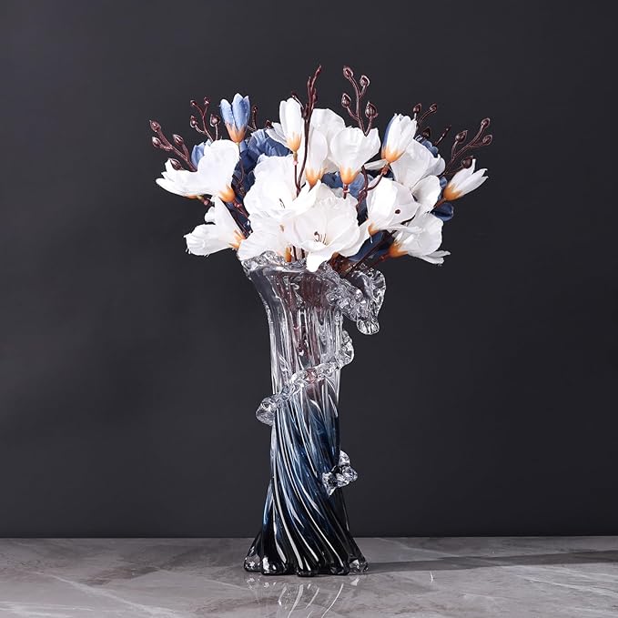 Blue White Clear Wave Vases Gradient, Murano Hand Blown Glass Vase Unique Art Decorative, for Ocean Themed Coastal Home Centerpiece Modern Office Entrance Table Creativity