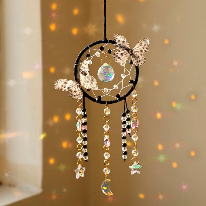Artilady Dream Catcher for Girls - Butterfly Small Black Dream Catchers with Crystals Cute Room Decor for Teen Girls Boys Boho Bedroom Wall Home Decorations Birthday Christmas Women Kids Gifts