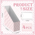 AmazingSpark Set of 4 Pink Bow Magazine File Holder Decorative Foldable Cardboard Magazine Storage Boxes with Acrylic Label Holders Coquettish Boho Organizer for Office Home Organization Storage