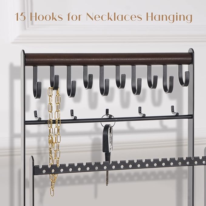 ProCase Jewelry Organizer Stand Necklace Organizer Earring Holder, 6 Tier Jewelry Stand Necklace Holder with 15 Hooks, Jewelry Tower Display Rack Storage Tree for Bracelets Earrings Rings -Black