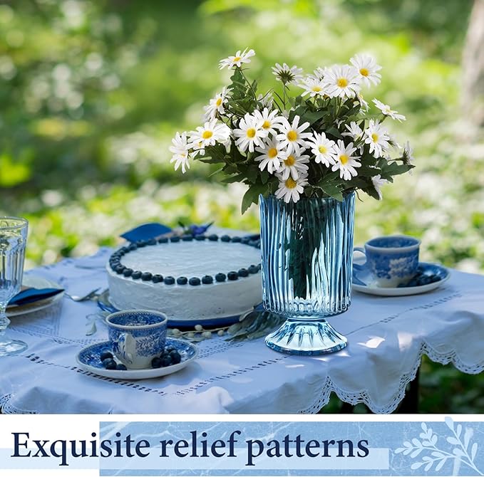 6 Pcs (H:7" W:4") Embossed Flower Vase Pedestal Glass Vase Big Base Thickened Crystal Vintage Vases for Valentines Day Wedding Home Decor Table Centerpiece House Warming Gifts(Blue)