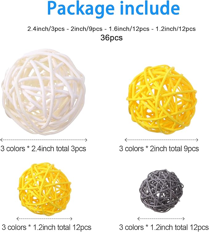 Patelai 36 Pcs Wicker Rattan Balls Decorative Balls for Vase Centerpiece Bowls Orbs Filler for Home Decor,4 Sizes(Yellow, Gray, White,2.4'',2'',1.6'',1.2'')