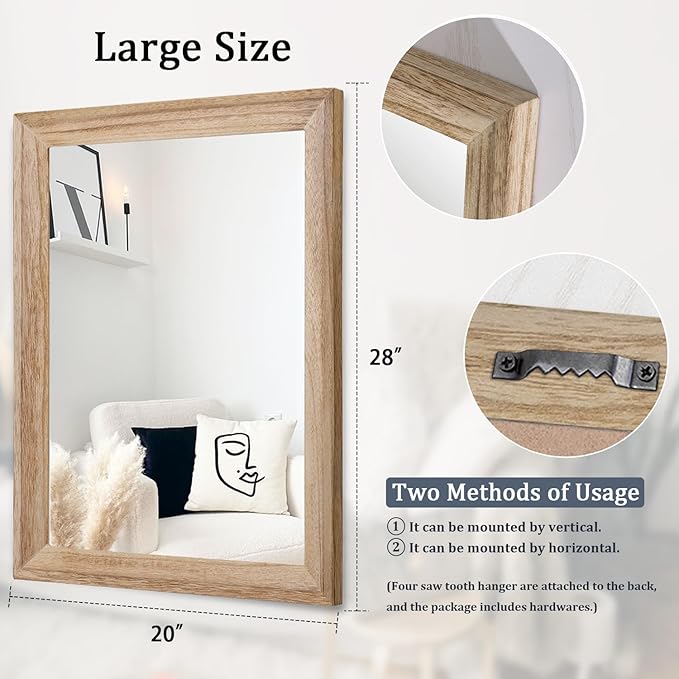 AAZZKANG Rustic Mirrors for Wall Rectangle Wooden Frame Hanging Mirror for Bedroom Bathroom Living Room Entryway Large 28"x20"