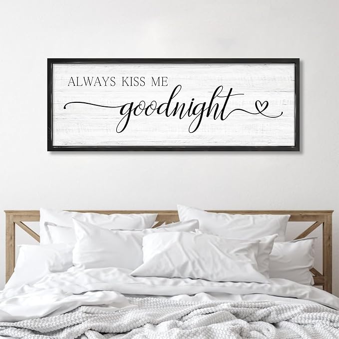 Always Kiss Me Goodnight Wall Sign Above Bed 41.3''×15'' Large Farmhouse Wall Decor for Bedroom Couples Room Decor Framed Wood Wall Art Rustic Master Bedroom Wall Decoration (black frame)