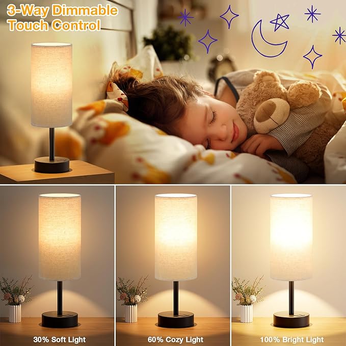 Dicoool Beige Touch Lamp for Bedroom with USB - 3 Way Dimmable Table Lamp for Nightstand, Small Lamp with Black Charging Station for Desk Dorm, Office, Nursery