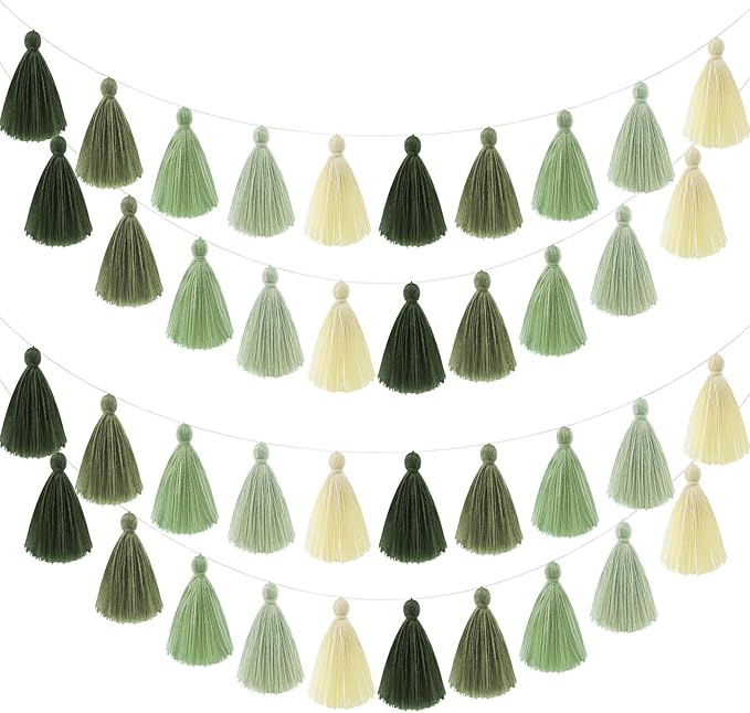 WILLBOND 4 Pieces Tassel Garland Sage Green Forest Garland for Classroom Wall Dorm Decor Boho Pastel Cotton Tassel Banners for Party Schooll(3.1 Inch, Green Colors)