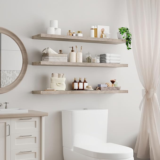 RALGEND Floating Shelves for Wall, 47.2" Large Grey Wall Shelf Set of 3 with Invisible Brackets, 1.5" Thick Hanging Book Shelves Farmhouse Decor for Bathroom, Living Room, Bedroom, Greige 12301BJP3BG