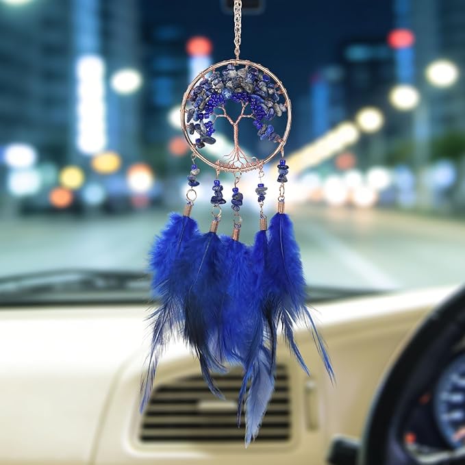 Pretty Jolly Small Tree of Life Crystal Stone Dream Catchers Deepblue Feathers Mini Dreamcatchers for Car Rear View Mirror Hanging Decoration Good Luck Travel Charm Bedroom Ornaments for Women Girls