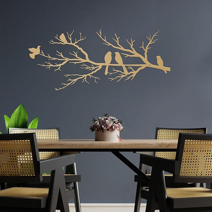 ESTART Metal Birds Wall Art, Metal Vivid Birds on Branch Silhouette Wall Decor Gold Leaves with Bird Outdoor Hanging Wall Sculpture for Home Living room Bedroom Balcony Garden (Gold, Small)