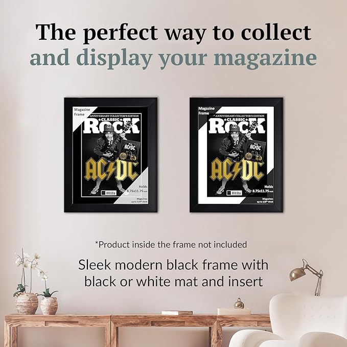 Creative Picture Frames 8.75 x 11.75 Magazine Frame with Full-Strength Glass, Holds Up To A 1/4" Thick Media with Installed Hangers for Easy Mounting, 11x14 Black Frame with Black Mat
