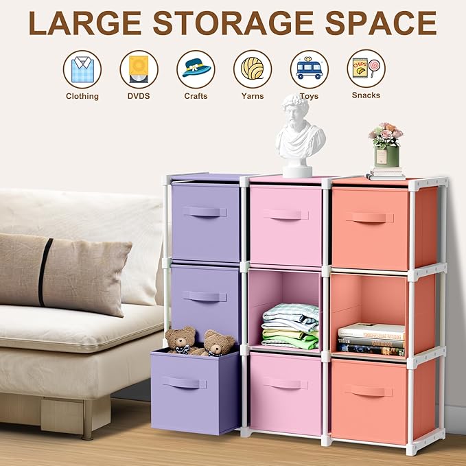 9 Cube Storage Organizer with Shelf Back to School Boxes 11 Inch Toy Storage Bins Closet Organizers Drawers Fabric Dresser for Playroom Books Bedroom Dorm Kitchen (Pink,Purple,Orange)
