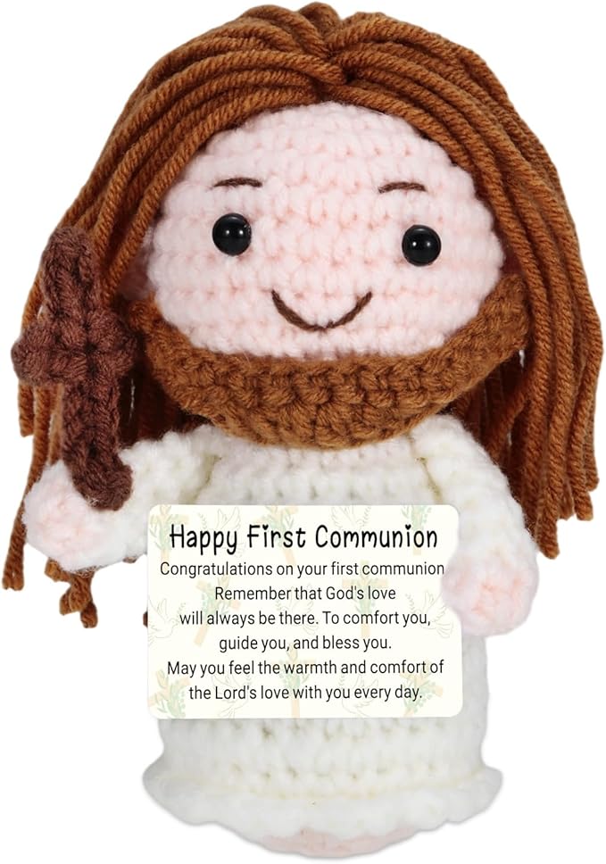 Fleure Esme First Communion Gifts Crochet - Jesus Crochet Doll with First Communion Card - Catholic Holy Communion Favors Decorations - Confirmation Baptism Crochet Christian Easter Basket Stuffers