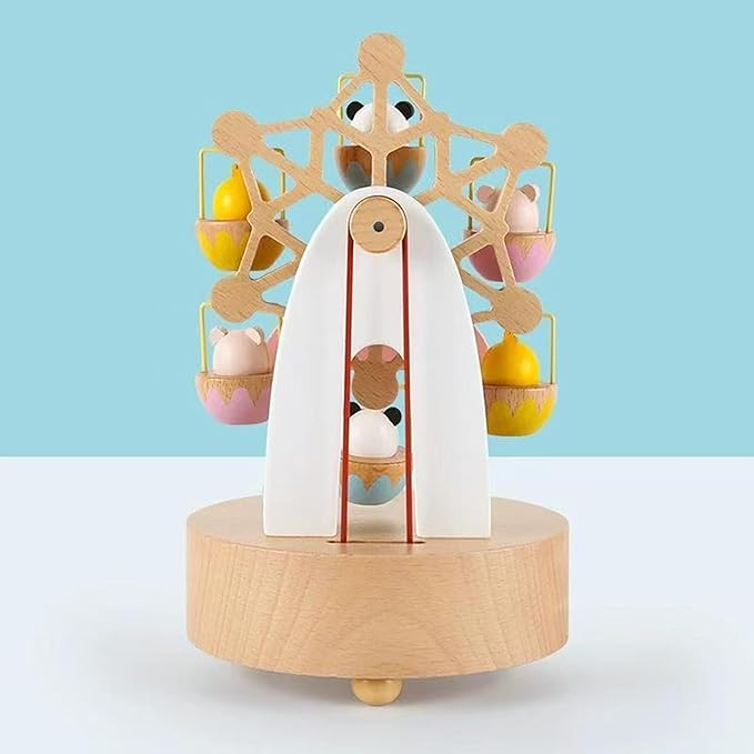 Natural Solid Wood Handcrafted Beech Wooden, Musical FigureTotoro/Carousel/Fairy/Ballerina Figurine,Rotating Hand Crank Mechanism Music Box,Musical Decorations (Colorful Skywheel)