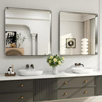 LOAAO 38X38 Inch Brushed Nickel Bathroom Mirror, Rounded Rectangle Silver Metal Frame Mirror, Brushed Nickel, Anti-Rust, Shatter Proof, Hangs Horizontally or Vertically
