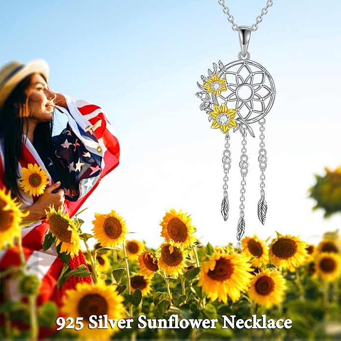Dream Catcher Pendant Necklace 925 Sterling Silver Synthetic Moonstone Crystal Sunflower Rose Flower Evil Eye Dreamcatcher Cremation Jewelry Gifts for Women Wife Mom