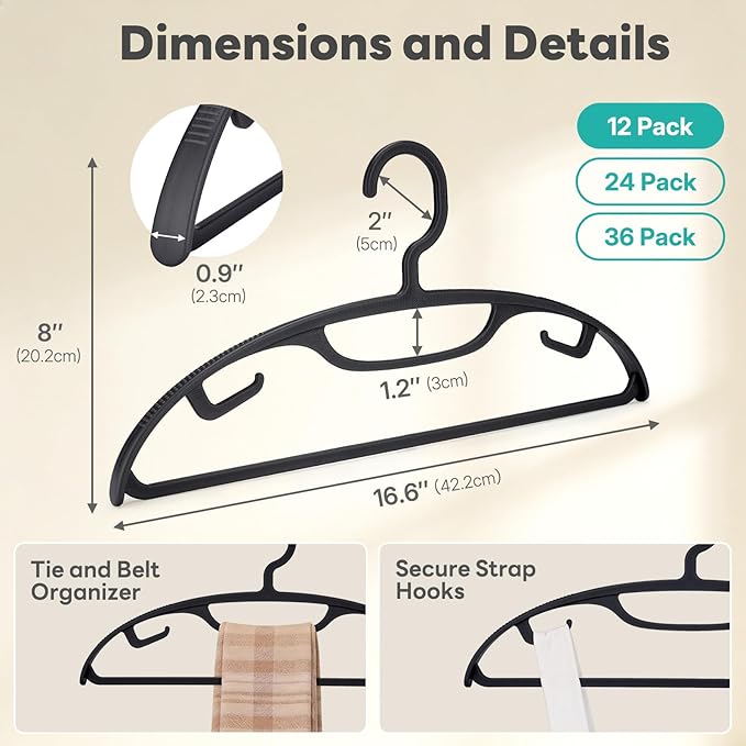 HOUSE DAY Plastic Clothes Hangers 12 Pack, Sweater Hangers No Shoulder Bump, Thick Heavy Duty Coat Hanger for Closet, Black Wide Hanger with Non-Slip Hook for Sweaters, Suits, Dresses, Jackets, Pants