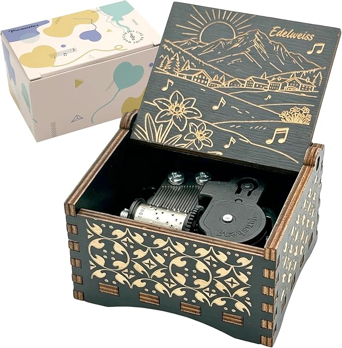 Pursuestar Edelweiss Wind Up Music Box, Vintage Engraved Wood Mechanism Musical Gifts for Birthday Mother's Day Valentine's Day Christmas Thanksgiving