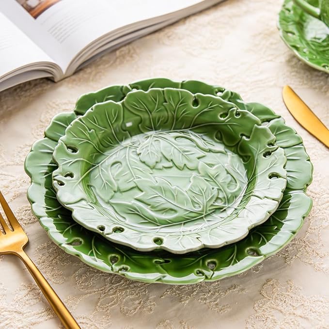 KAMMAK Ceramic Decorative Plate Set of 2, Porcelain Plates for Kitchen Dining Room Wine Cabinet Home Decor, Vintage Collector Plates with 2 Display Stand, Green Leaves (8-inch + 10-inch)