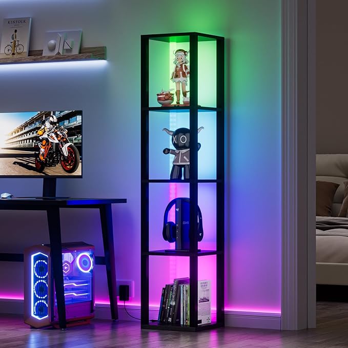 VILICK Corners Shelf with Light 5 Tier Tall Standing Shelf Dimmable Corner Floor Lamp with Shelves LED Corner Bookshelf Display Cabinet Shelf for Living Room, Bedroom, Home Decor