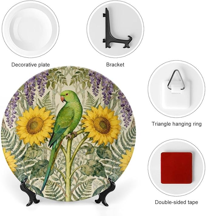 William Morris Forest Art Sunflower And Parrot Fashion Plates of 6", 7", 8", 10", Customize Christmas Design Blue And White Plates, Custom Gifts, Table Farmhouse Decorations Club, with Vertical Stand