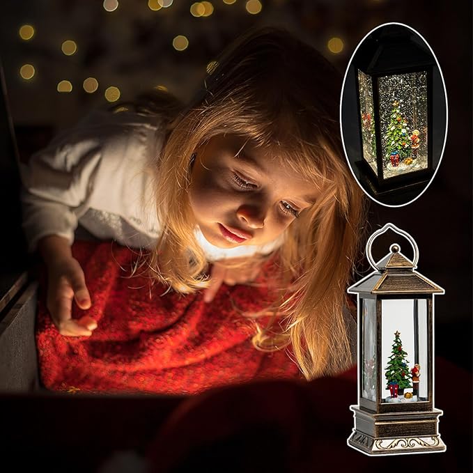 12" Christmas Snow Globe Lantern with Christmas Tree and Gift - Water Swirling Glitter LED Light Lantern with Music - Vintage Xmas Gifts - USB Plug or Battery Operated Home Decor (Christmas tree Gift)