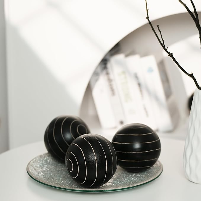 Decorative Orbs for Bowls and Vases, Circle Pattern, 4 inch Resin Round Sphere Balls, Set of 3, Living Room Coffee Table Centerpiece