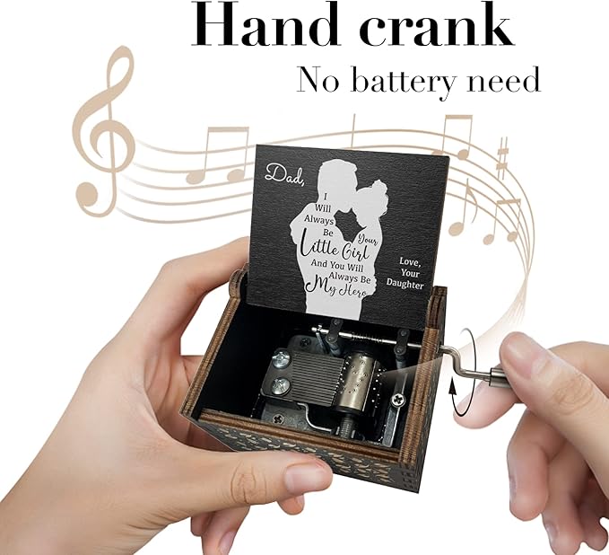 Wooden Music Box for Dad from Daughter,I Will Always be Your Lovely Girl Hand Crank Musical Boxes,My Hero Dad,Gifts for Daddy on Birthday Christmas Father's Day Deployment -Black