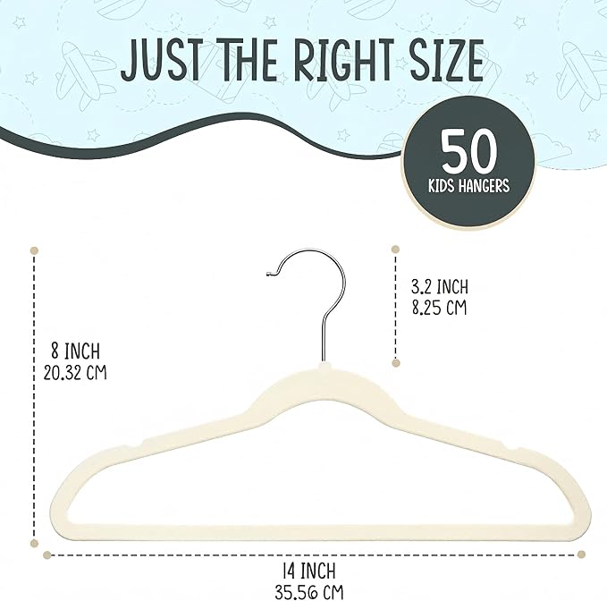 50 Premium Kids Velvet Hangers - 14" Non-Slip Clothes Hangers for Kids & Preteens - Ultra Slim, Space-Saving, Strong & Durable Hangers with 360° Swivel Hook - Ivory